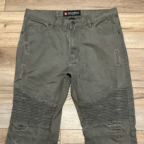 Men's Southpole Distressed Denim Jeans SZ 34x32 Green Modern Cotton Straight - Picture 2 of 12